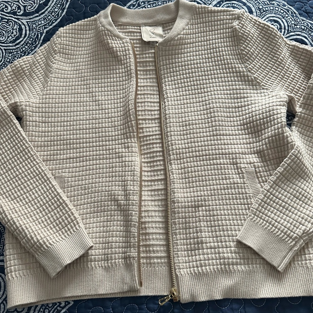 Sioni Textured Gold Colored Zipper  Cardigan - Cream size small
